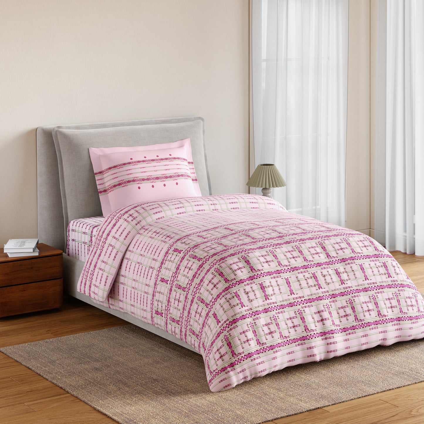 Essentials 100% Cotton Single Bedsheet, 144 TC, Geometric, Light Pink