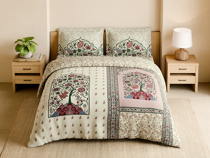 Shubha 100% Cotton Large Bedsheet, 300 TC, Floral, Sylvian Green