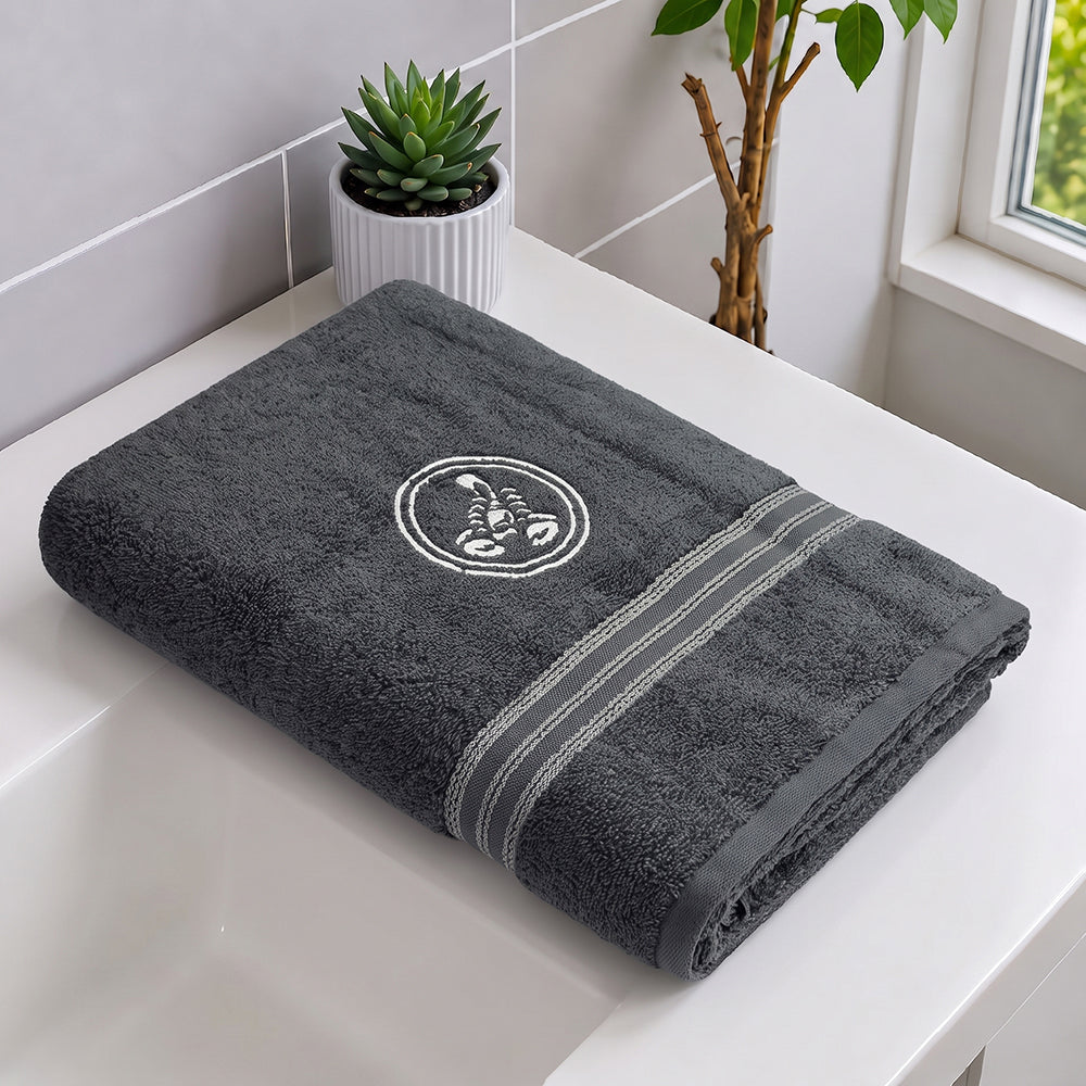 Astrogram Scorpio Zodiac 100% Cotton Bath Towel, 500 GSM, Embroidered, Grey