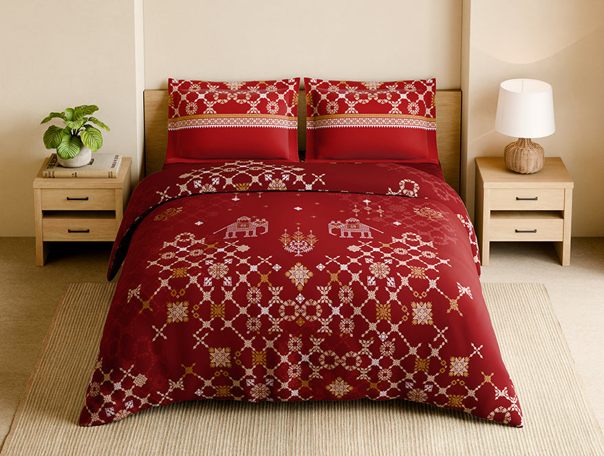 Shubha 100% Cotton Large Bedsheet, 300 TC, Ornate, Rhythmic Red