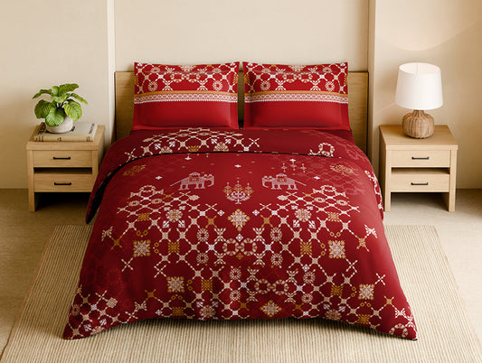 Shubha 100% Cotton Large Bedsheet, 300 TC, Ornate, Rhythmic Red