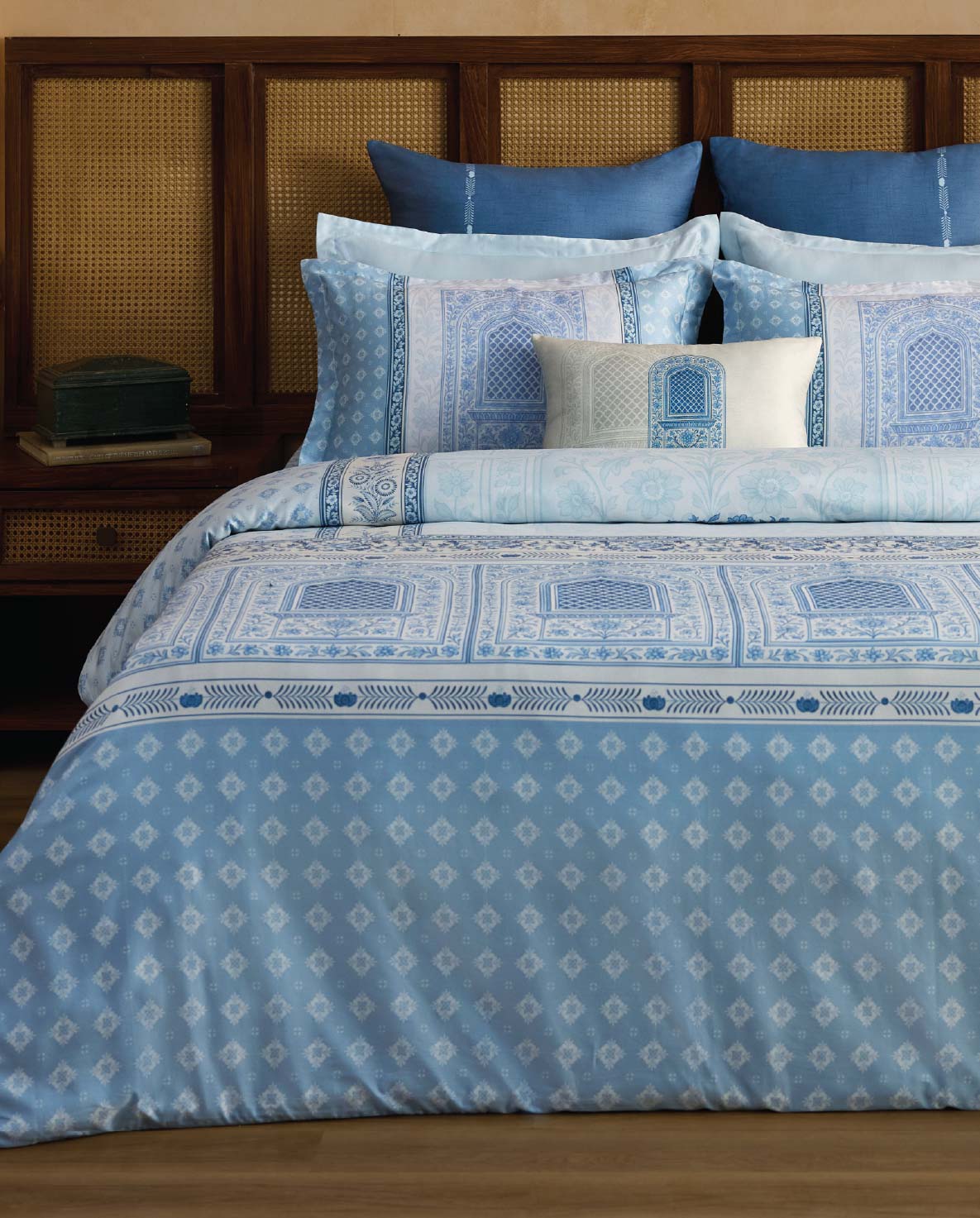 Spaces Blue Pottery 100% Cotton 300 TC Ornate Light Aqua Festive Large Bedsheet with 2 Pillow Covers - 108 x 108 Inches