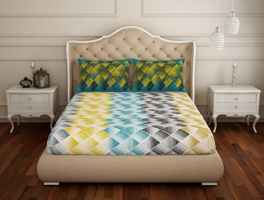 Spaces Atrium Geometric Teal-Blue 100% Cotton Double Bedsheet
