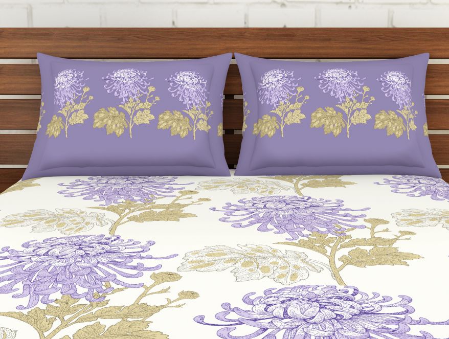 Floral Purple 100% Cotton Double Bedsheet - Atrium By Spaces