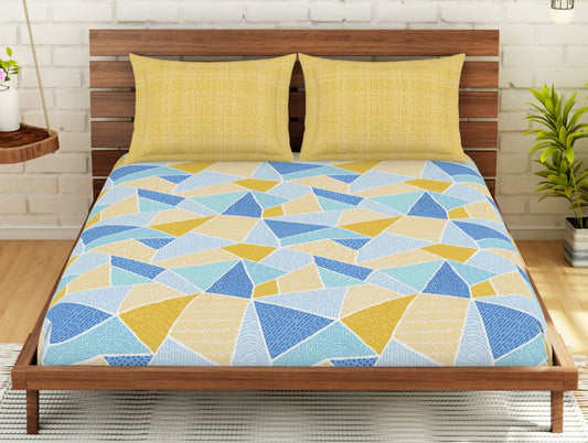 Geometric Lemon - Yellow 100% Cotton Double Bedsheet - Atrium By Spaces