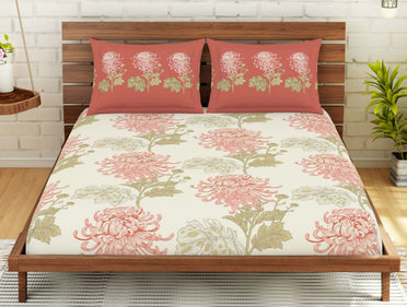 Floral Citrus - Orange 100% Cotton Double Bedsheet - Atrium By Spaces