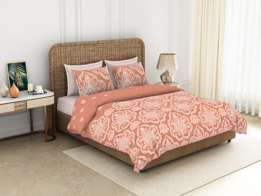 Ornate Peach Nectar - Dark Coral 100% Cotton Double Bedsheet - Adonia By Spaces