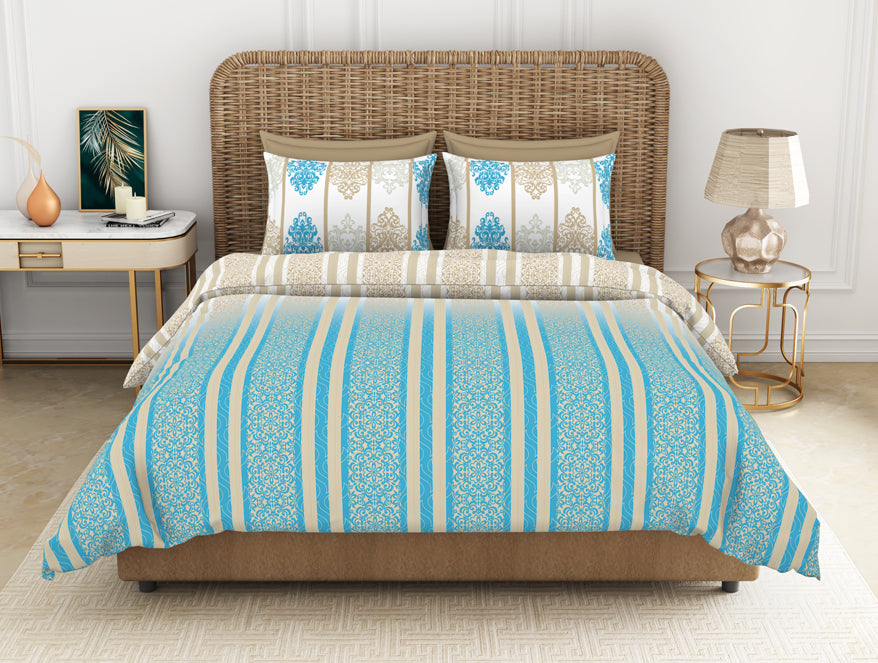 Ornate Canary Blue - Blue 100% Cotton Double Bedsheet - Adonia By Spaces