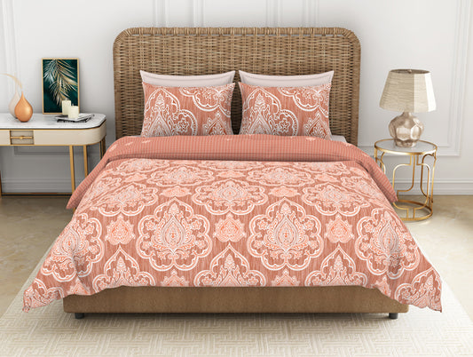 Ornate Peach Nectar - Dark Coral 100% Cotton King Size Bedsheet - Adonia By Spaces