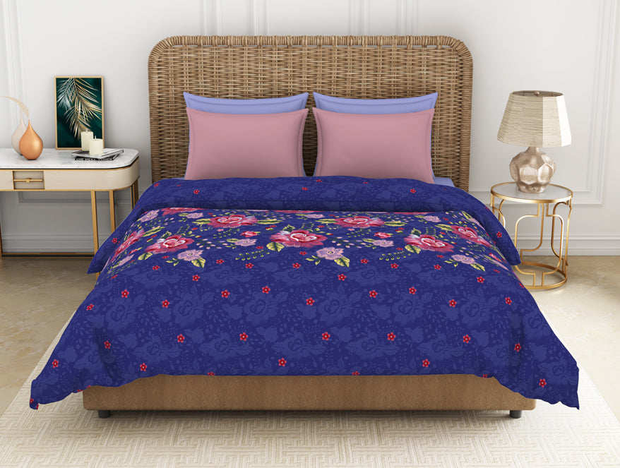 Floral Bluing - Dark Blue 100% Cotton Shell Double Quilt / AC Comforter - Adonia By Spaces