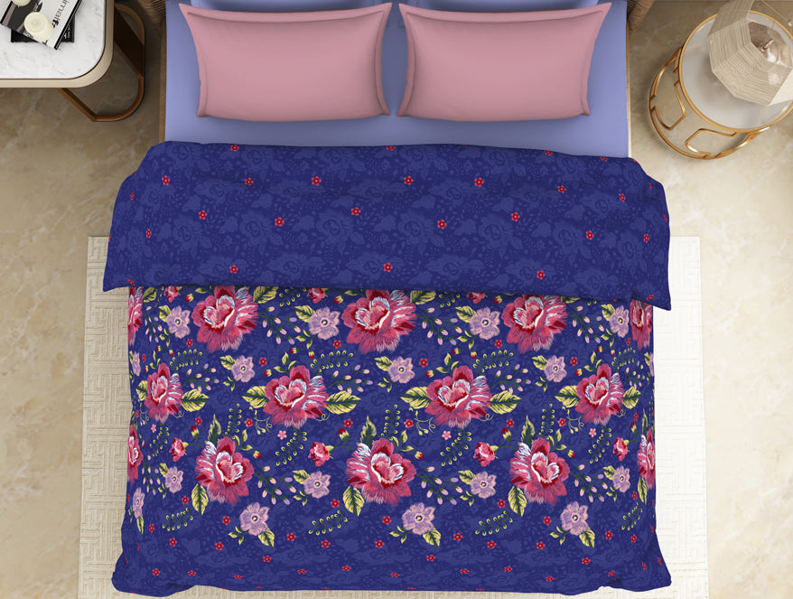 Floral Bluing - Dark Blue 100% Cotton Shell Double Quilt / AC Comforter - Adonia By Spaces