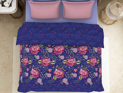 Floral Bluing - Dark Blue 100% Cotton Shell Double Quilt / AC Comforter - Adonia By Spaces