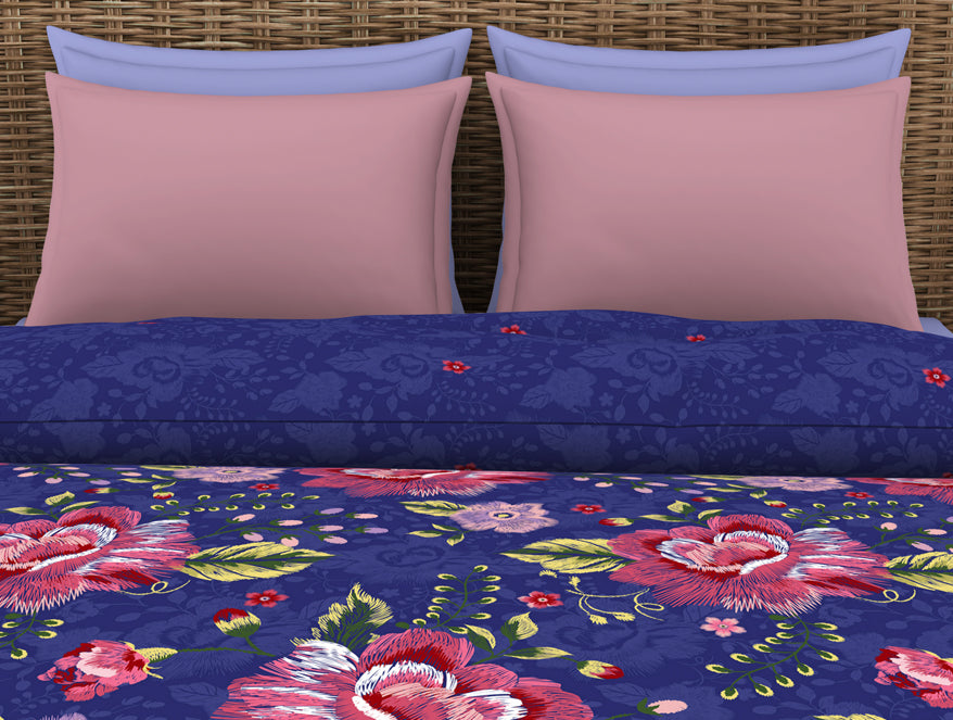 Floral Bluing - Dark Blue 100% Cotton Shell Double Quilt / AC Comforter - Adonia By Spaces