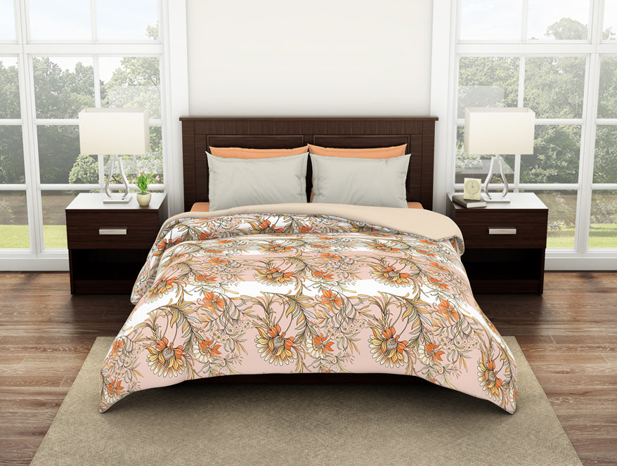 Floral Copper Tan - Dark Orange 100% Cotton Shell Double Quilt / AC Comforter - Bonica By Spaces