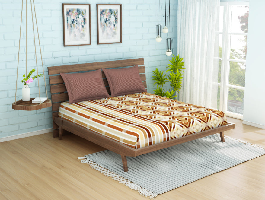 Geometric Brown 100% Cotton Double Bedsheet - Atrium By Spaces