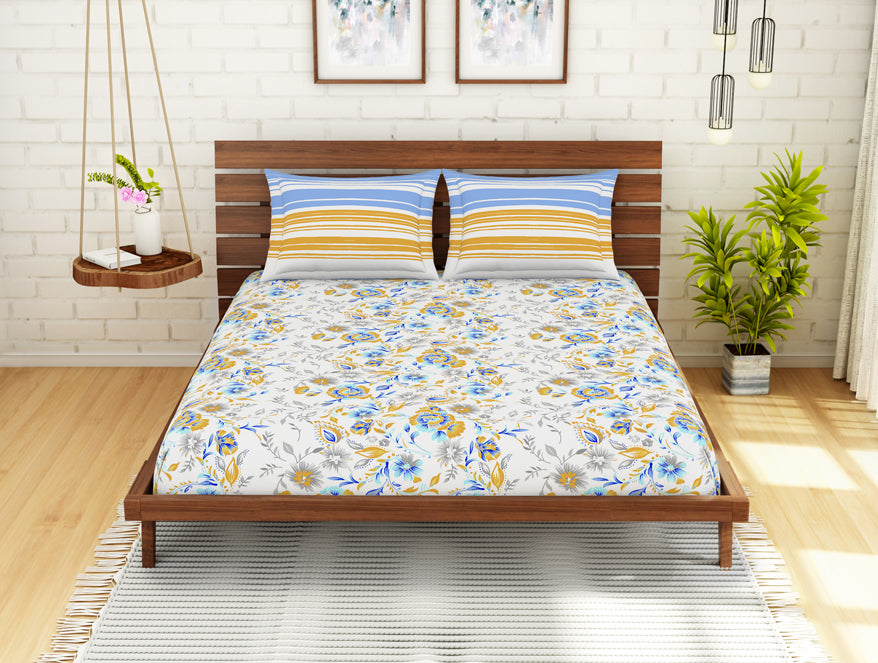 Floral Windsurfer - Light Blue 100% Cotton Queen Fitted Sheet - Atrium Kitting By Spaces