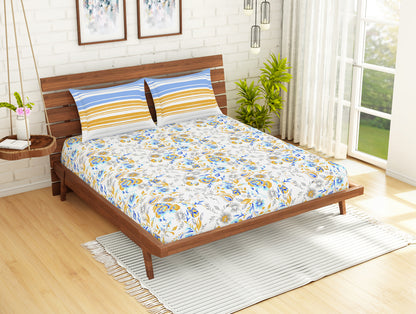 Floral Windsurfer - Light Blue 100% Cotton Queen Fitted Sheet - Atrium Kitting By Spaces