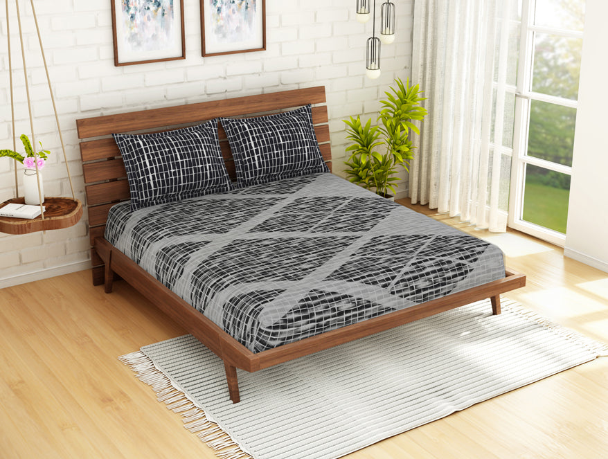 Geometric Grey 100% Cotton Double Bedsheet - Atrium Plus Kitting By Spaces