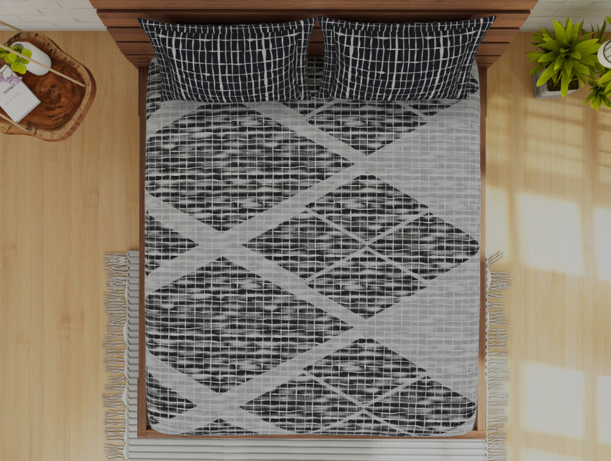 Geometric Grey 100% Cotton Double Bedsheet - Atrium Plus Kitting By Spaces