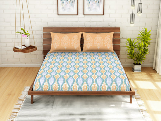 Ornate Light Blue 100% Cotton Double Bedsheet - Atrium Plus Kitting By Spaces