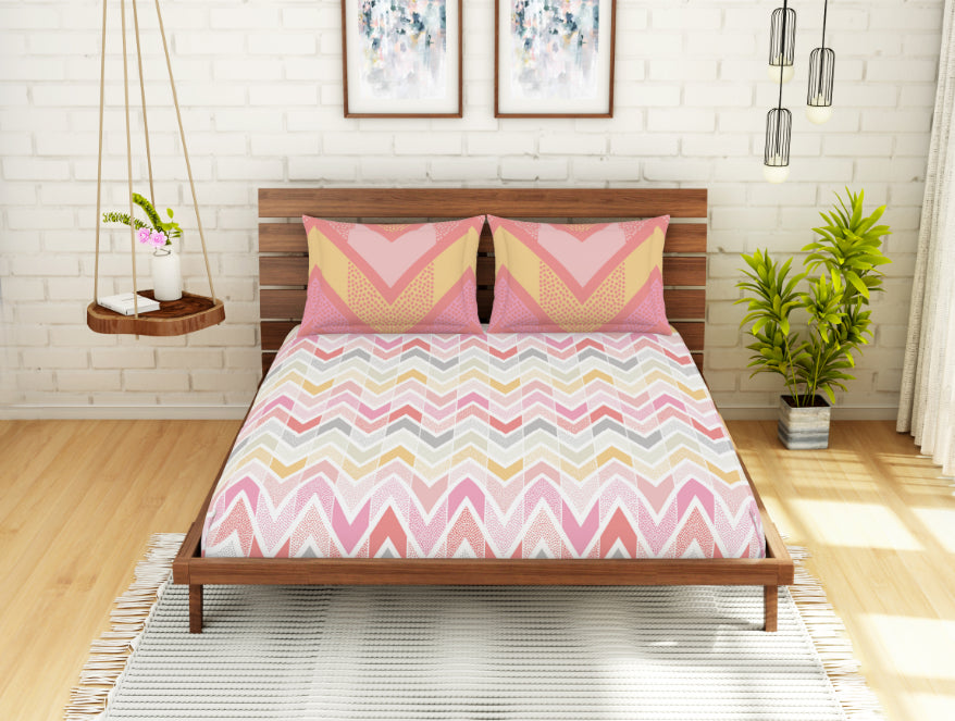 Geometric Coral - Pink 100% Cotton Double Bedsheet - Atrium Ecom By Spaces