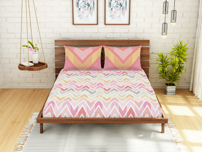 Geometric Coral - Pink 100% Cotton Double Bedsheet - Atrium Ecom By Spaces