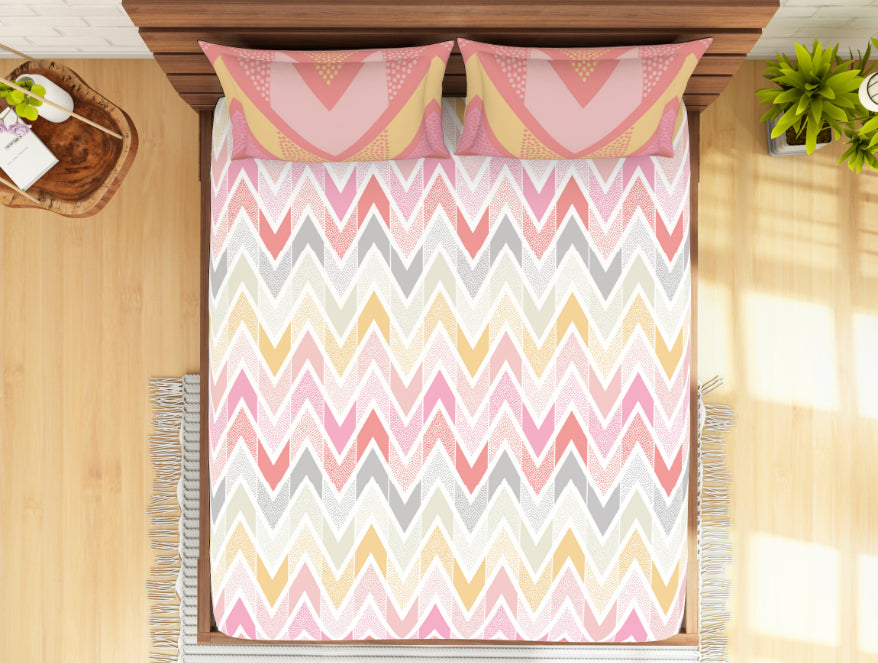 Geometric Coral - Pink 100% Cotton Double Bedsheet - Atrium Ecom By Spaces