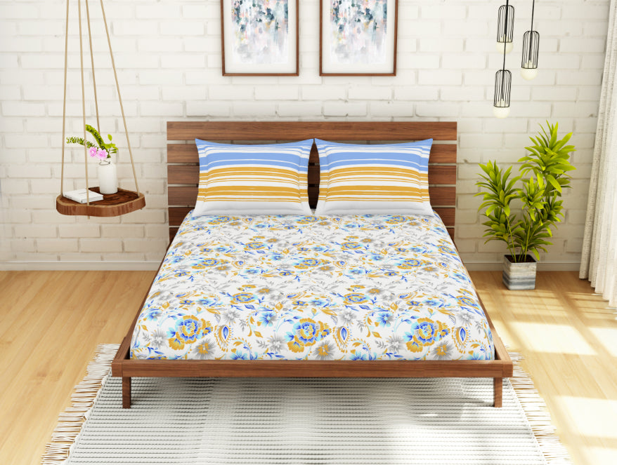 Floral Windsurfer - Light Blue 100% Cotton Double Bedsheet - Atrium Ecom By Spaces