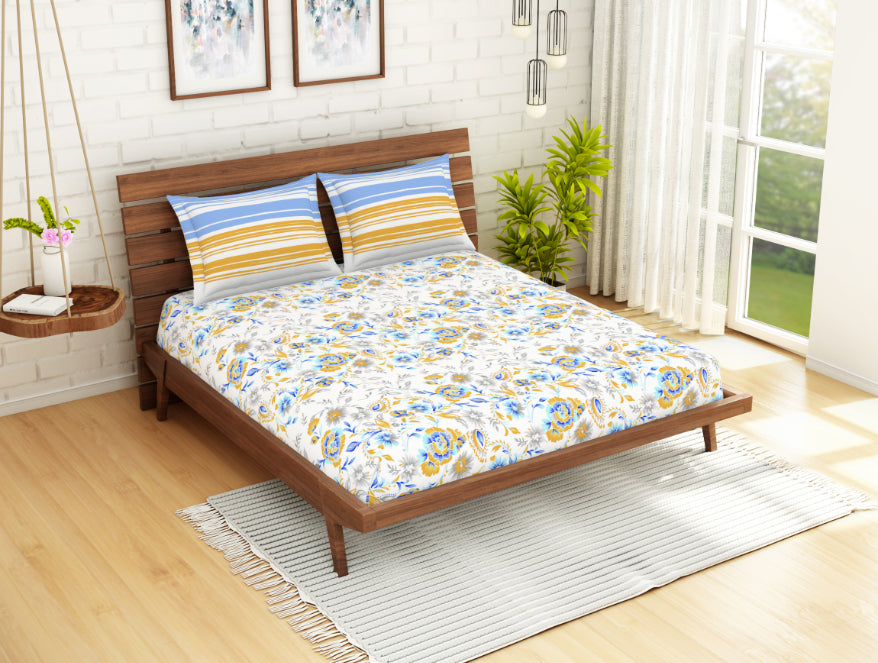 Floral Windsurfer - Light Blue 100% Cotton Double Bedsheet - Atrium Ecom By Spaces