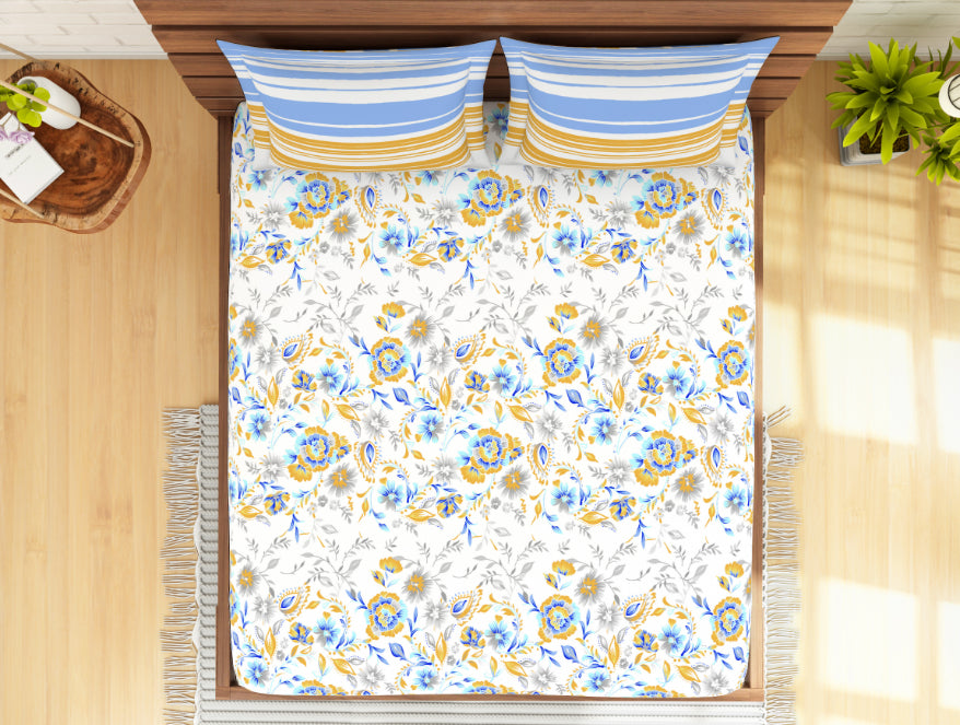 Floral Windsurfer - Light Blue 100% Cotton Double Bedsheet - Atrium Ecom By Spaces