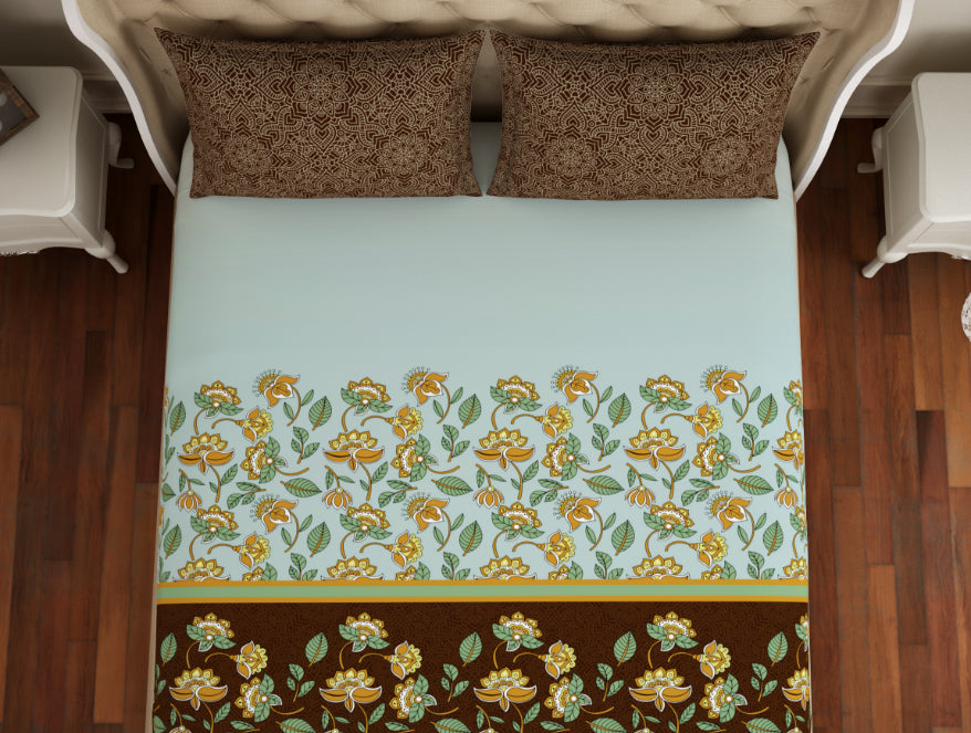 Floral Sea Green - Green 100% Cotton Double Bedsheet - Atrium Plus Ecom By Spaces