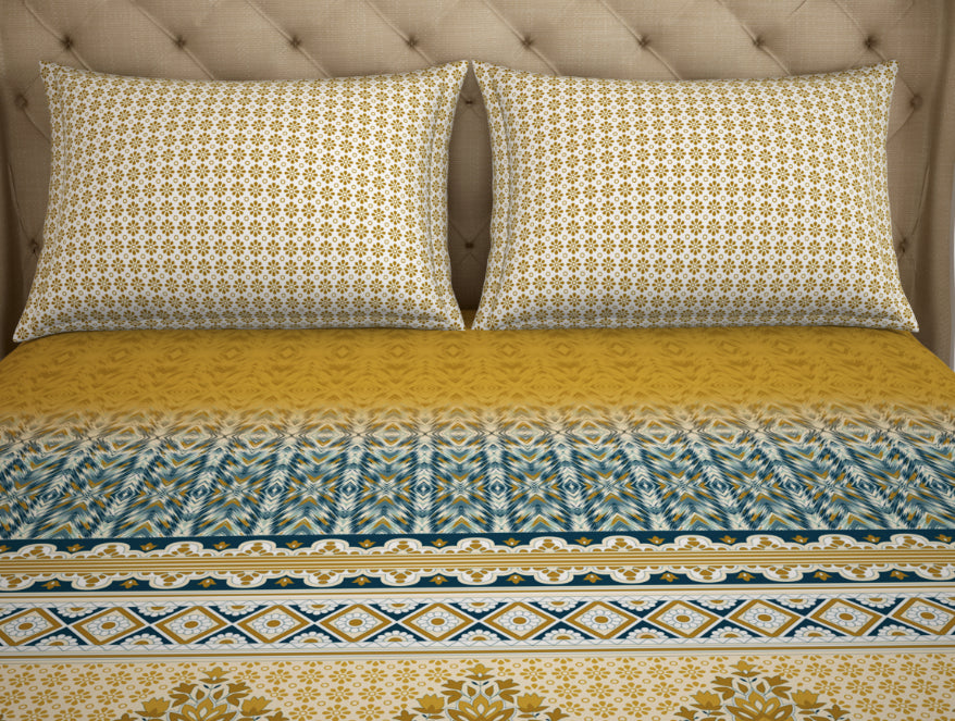 Ornate Mustard - Dark Yellow 100% Cotton Double Bedsheet - Atrium Plus Ecom By Spaces